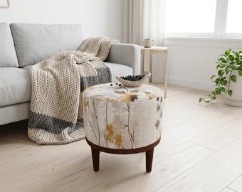 Mustard Blossom Sprig Round Pouf | Bedside Accent Footstool | Minimal Living Room Decor