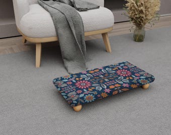 Boho Wooden Footstool, Floral Upholstered Cushion (Low Step Stool) H-736