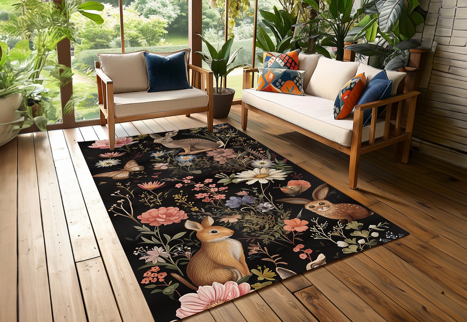 Nature Inspired Rabbit Rug, Patterned Rug, Bunny and Bloom Rug, Non ...