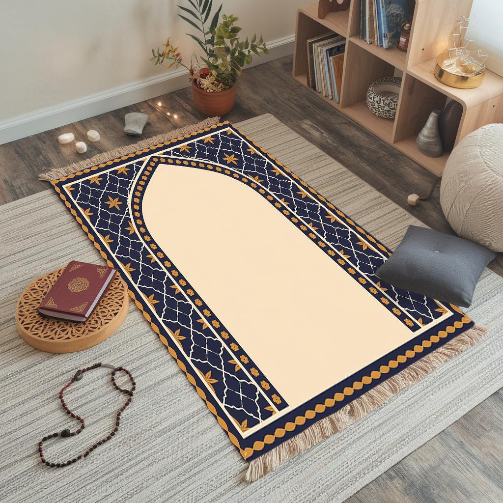 Easy Prayer Rug Pattern Navy Blue and Gold Star Pattern Prayer Rug, Stylish Muslim Prayer ...