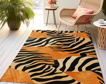 Orange zebra printed rug, Washable rug, Eco-friendly rug, Livingroom rug, Accents rug, Non-slip rug, Animal print rug, Desing area rug