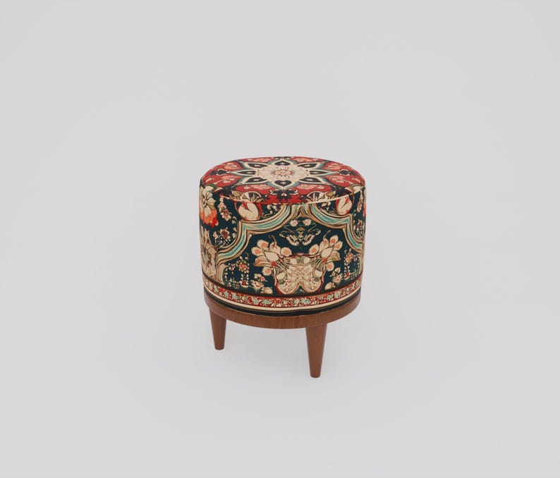 Ethnic design pouf, Floral footstool, Round ottoman bench, Gothic footrest, Living room furniture, Rustic hall stool, Round plant stand, F-9