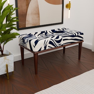 Modern zebra pattern upholstered bench, Navy and white bench, Decorative bench, Entryway bench, Handmade ottoman bench, Cozy bench, H-235