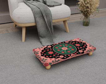 Boho Wooden Footstool, Floral Cushion (Low Step Stool, Handmade) H-749