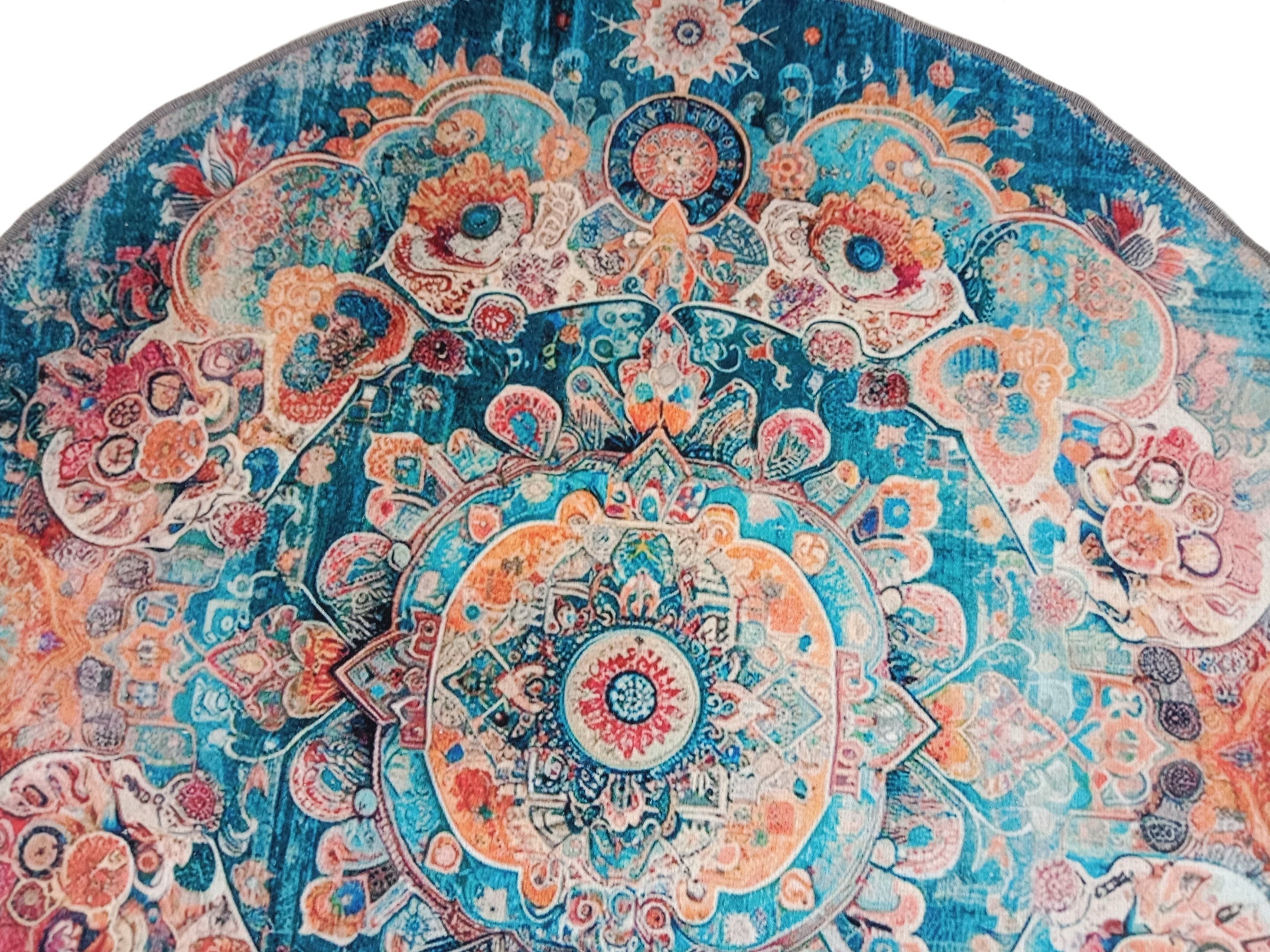Turquoise Circle Rug, Floral Medallion Rug, Bordered Round Rug, Worn ...