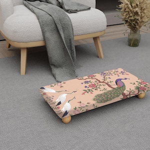 Decorative Wooden Footstool, Peacock and Crane Pattern (Low Step Stool)