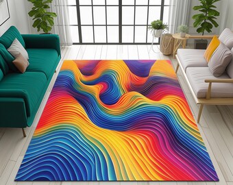 May include: Abstract area rug with a colorful, wavy design in shades of red, orange, yellow, blue, purple, and green.