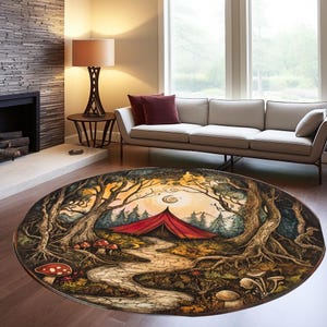 May include: A round rug with a whimsical forest scene featuring a red tent, a winding path, and mushrooms. The background is a sunset with a crescent moon.