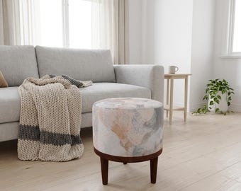 Powder Pink Marble Round Pouf | Small Ottoman Footrest | Minimal Living Room Decor
