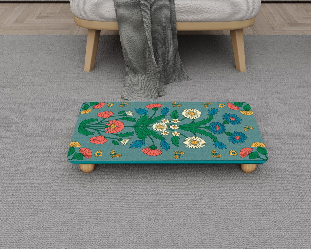 Green Blue Floral Foot Stool | Folk Art Wood Stepstool for Desk | H ...