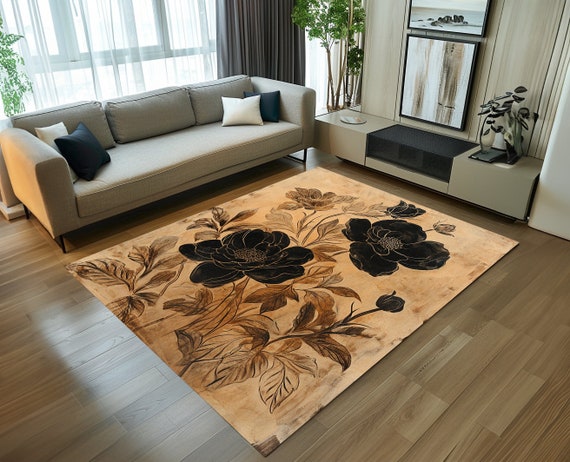 Brown and black floral design rug, Printed rug, Washable rug, Non-slip rug, Patterned cool rug, Stylish rug, Contemporary rug, Entrway rug