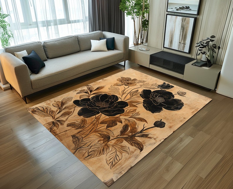 Brown and black floral design rug, Printed rug, Washable rug, Non-slip rug, Patterned cool rug, Stylish rug, Contemporary rug, Entrway rug