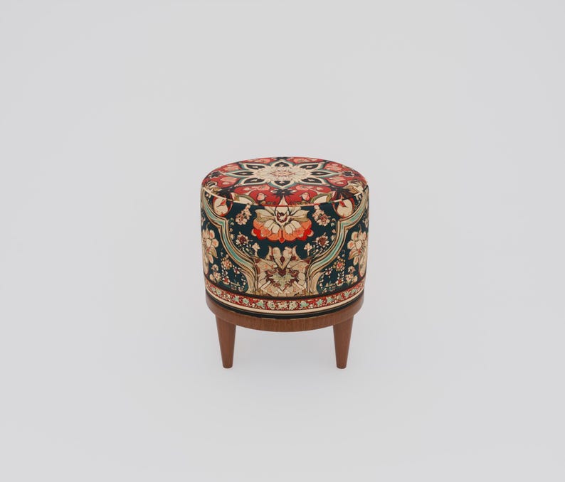 Ethnic design pouf, Floral footstool, Round ottoman bench, Gothic footrest, Living room furniture, Rustic hall stool, Round plant stand, F-9