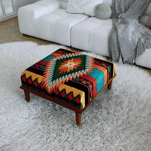 Otomana azteca vibrante del suroeste, banco de mesa tribal en turquesa y naranja, H-734