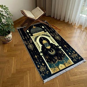 ムスク装飾の祈祷用ラグ、カラフルな模様の祈祷用ラグ、高級祈祷マット、柔らかな肌触りのジャナマズ、結婚祝いのサジャダ、持続可能な祈祷用ラグ