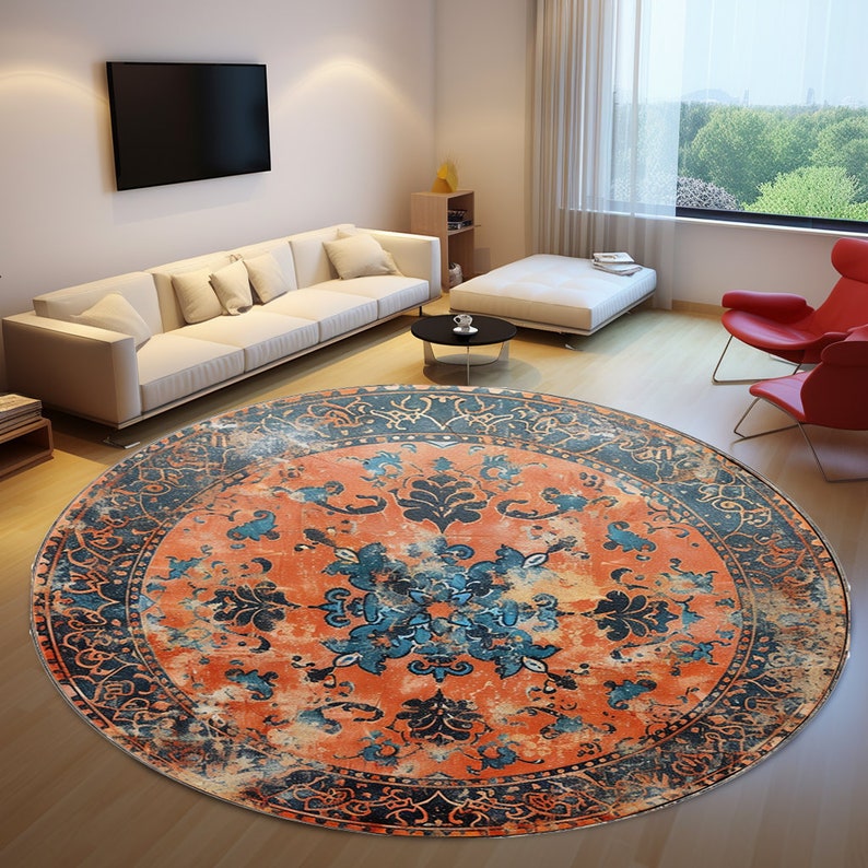 Navy Blue Rug, Bordered Circle Rug, Worn Round Rug, Washable Rug