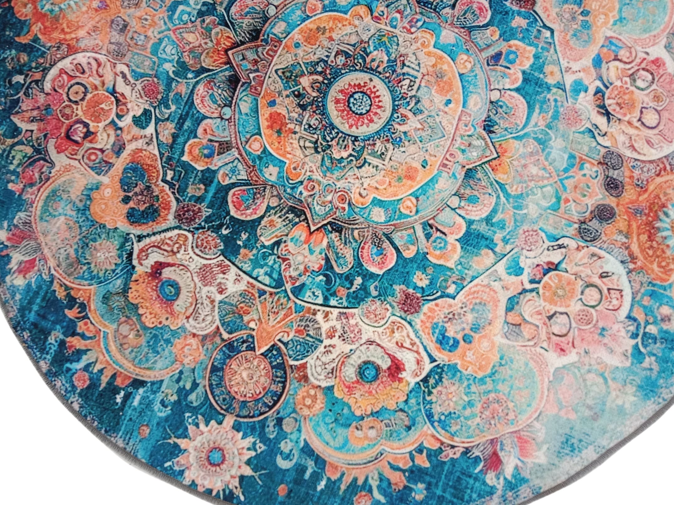 Turquoise Circle Rug, Floral Medallion Rug, Bordered Round Rug, Worn ...