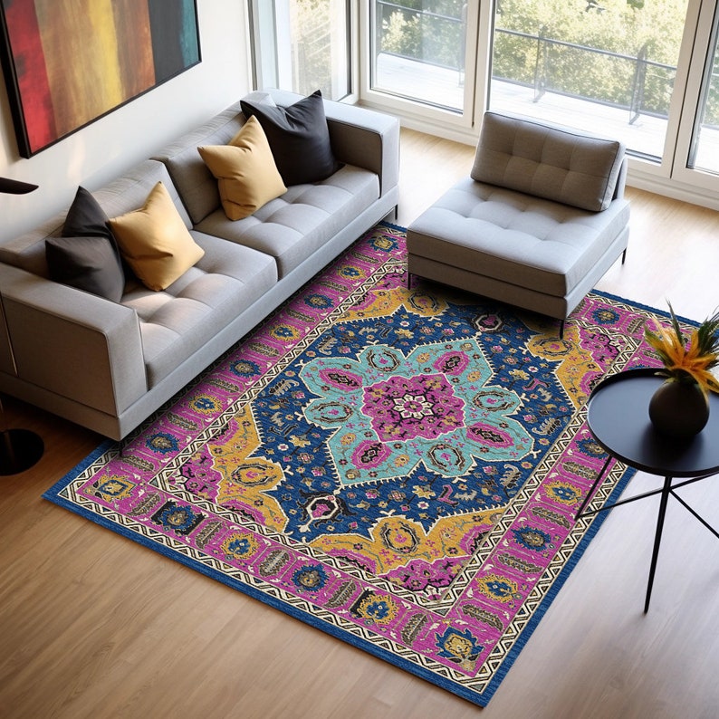 Coastal chic rug, Modern rug, Purple navy rug, Rug with leaf pattern, Floor rug, Bohemian rug, Medallion rug, Cotton rug, Area rug image 2