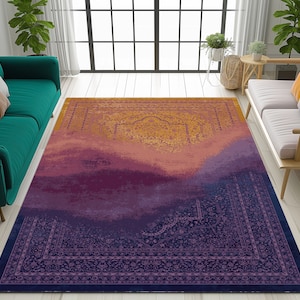 Orange purple rug, Modern rug, Bold pattern rug, Abstract rug, Washable rug, Bohemian rug, Area rug, Living room rug, Oriental rug