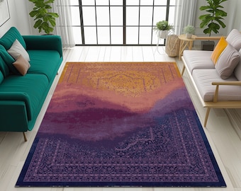 Orange purple rug, Modern rug, Bold pattern rug, Abstract rug, Washable rug, Bohemian rug, Area rug, Living room rug, Oriental rug