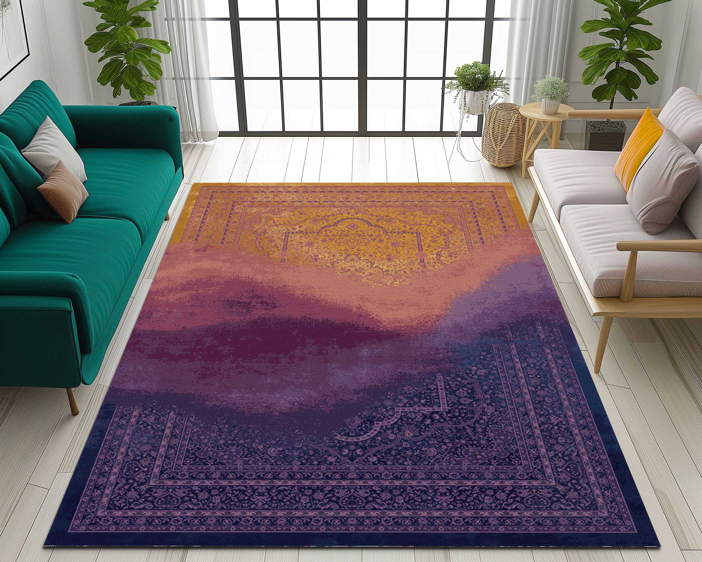 Modern Abstract Orange Purple Oriental Rug, Bold Bohemian Washable