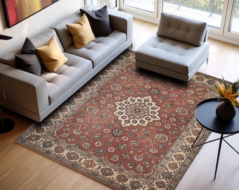 Red Floral Area Rug, Non-Slip Living Room Carpet, Washable Floor Mat H-1097