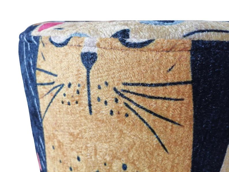 Cat pattern round pouf, Cute design bench, Colorful footstool, Elegance round pouf, Bedroom pouf, Comfortable furniture, Stylish bench, H-12 image 11