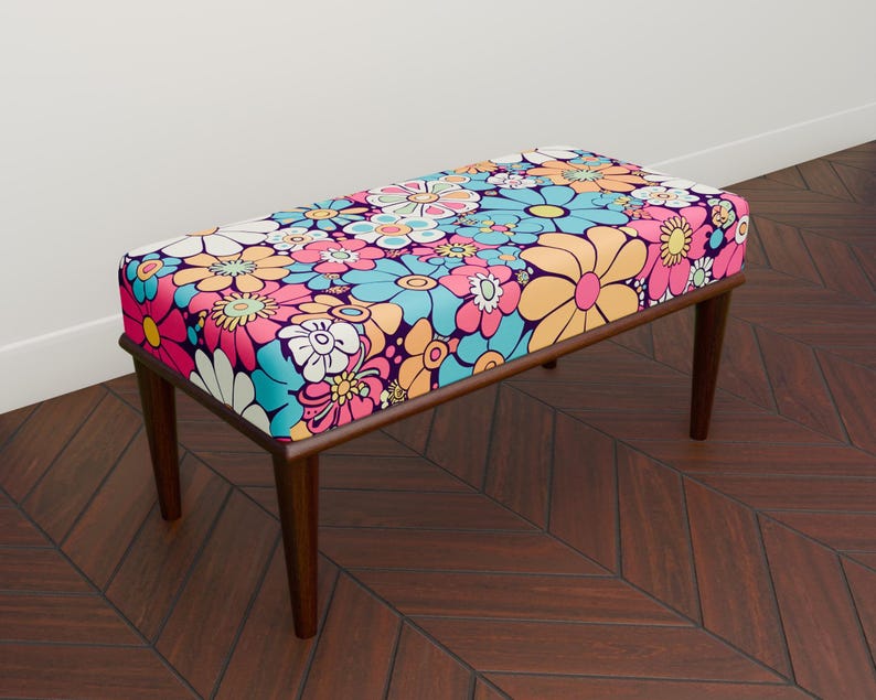 Daisy Bench Colorful Daisy Print Upholstered Bench, Modern Accent Bench With Floral ...