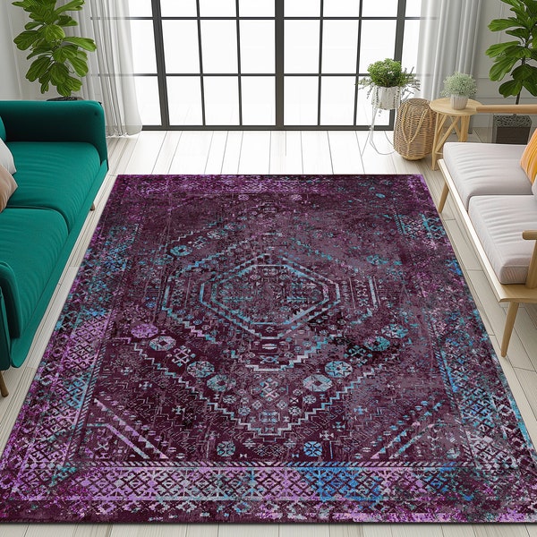 Purple rug, Traditional rug, Distressed rug, Ikat rug, Farmhouse rug, Digital rug, Area rug, Kitchen rug, Bathroom rug, Room decor