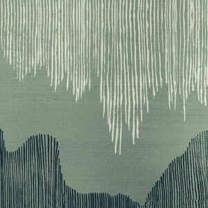 May include: Abstract art print with a green background and white and black lines. The lines create a pattern of vertical stripes and wavy shapes.