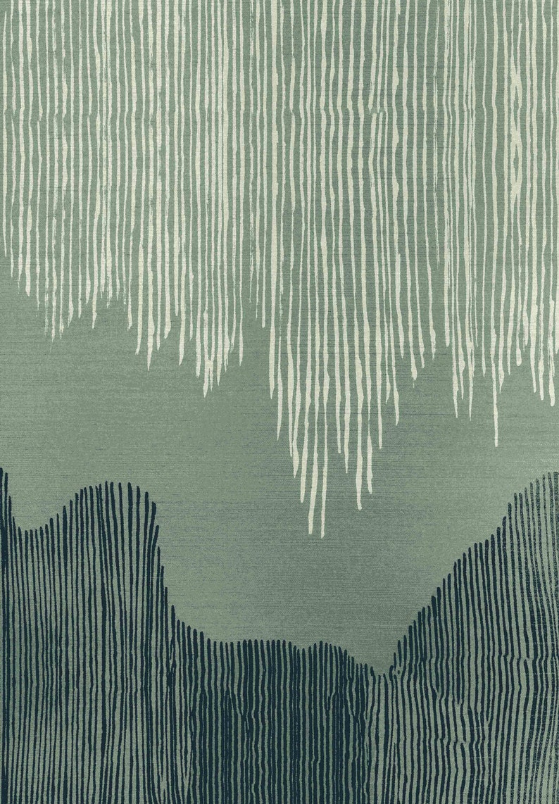 May include: Abstract art print with a green background and white and black lines. The lines create a pattern of vertical stripes and wavy shapes.