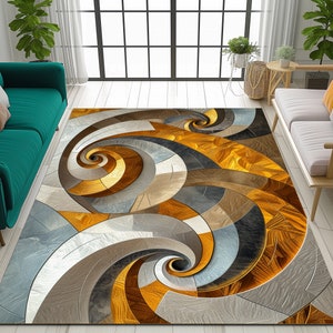 May include: Abstract area rug with a swirling pattern in shades of gray, brown, and gold. The rug features a geometric design with overlapping circles and lines.