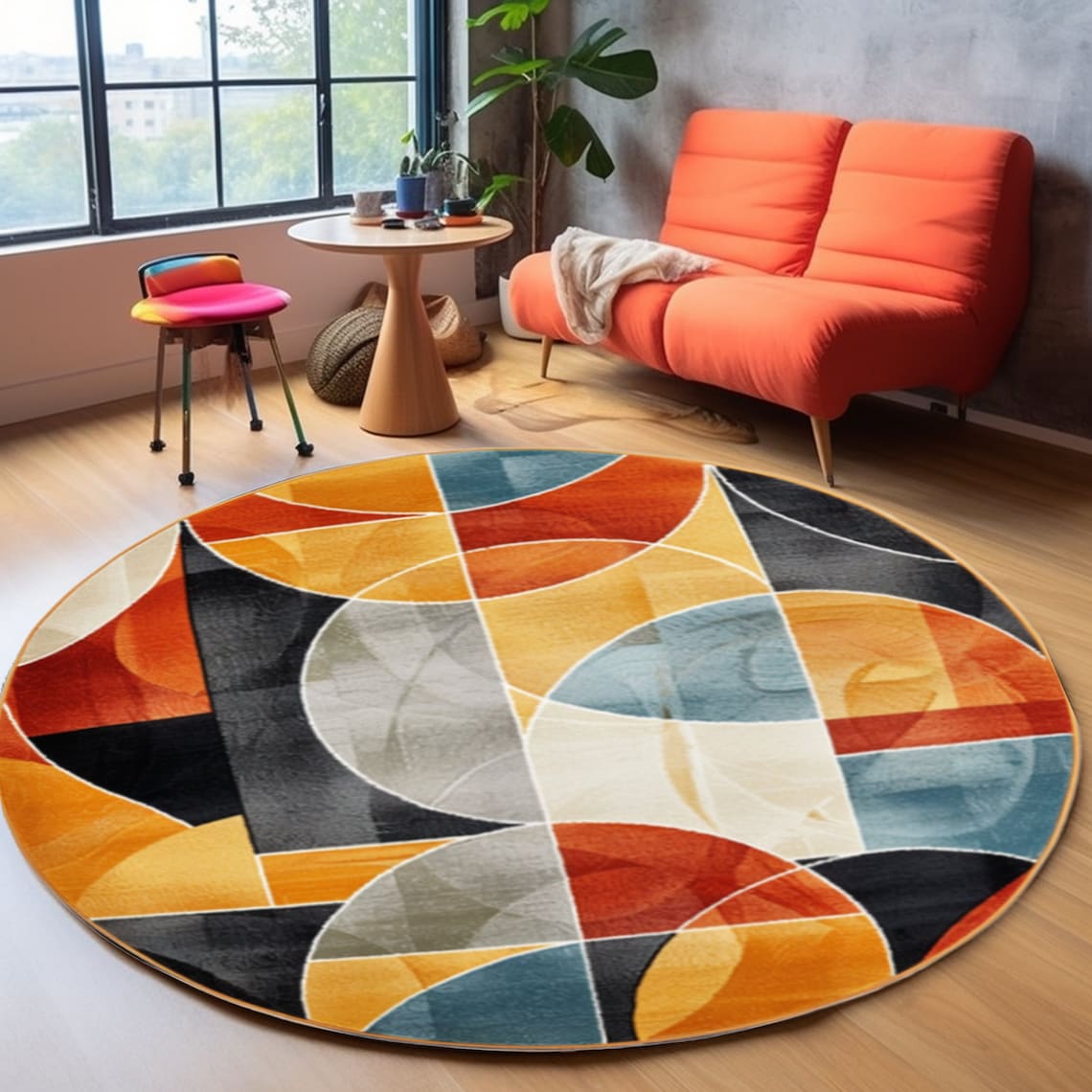 Orange Circle Rug, Contemporary Rug, Livingroom Decorative Rug, Printed ...