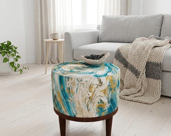 Teal Gold Marble Round Pouf | Bedside Accent Footstool | Modern Living Room Decor