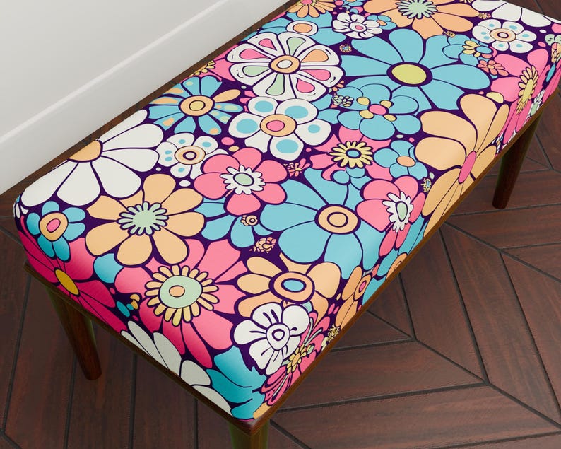 Daisy Bench Colorful Daisy Print Upholstered Bench, Modern Accent Bench With Floral ...