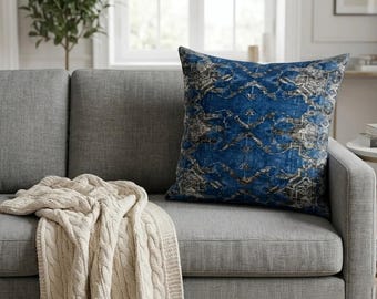 Blaues Kelim-Kissen, Boho-Dekokissen, bedruckter Teppich-Sofakissen
