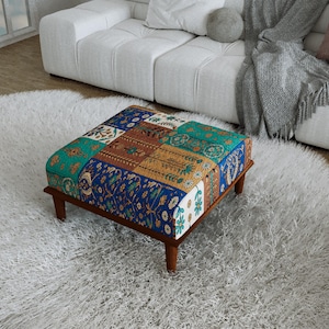 Eklektischer Boho Patchwork Sitz, Blau Braun Blumenmuster Ottoman Bank, H-998