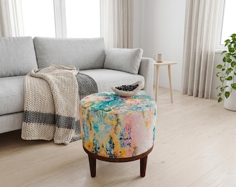 Yellow Teal Abstract Round Pouf | Small Ottoman Footrest | Boho Entryway Decor