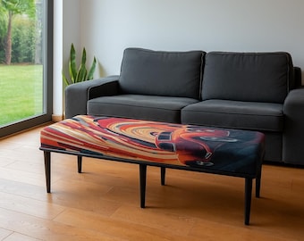 Banco de diseño colorido, Banco tapizado de automóvil clásico, Muebles con estampado de automóvil personalizado, Regalo para amantes de los automóviles, Banco con decoración de cueva de hombre, H-289