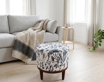 Navy Botanical Toile Round Pouf | Wooden Footstool Seat | Farmhouse Bedroom Decor