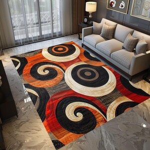 May include: Abstract area rug with a swirling pattern in shades of orange, black, white, and brown.