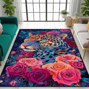 Rose pattern rug, Leopard print rug, Luxury rug, Modern home decor, Area rug, Non slip rug, Washable runner rug, Under bench rug, Boho rug