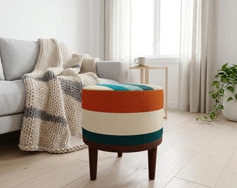 Orange Teal Stripe Round Pouf | Makeup Vanity Footstool | Retro Living Room Decor