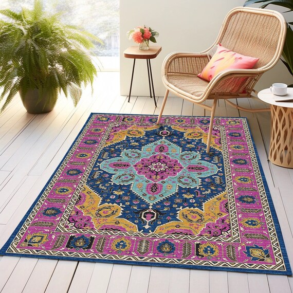 Coastal chic rug, Modern rug, Purple navy rug, Rug with leaf pattern, Floor rug, Bohemian rug, Medallion rug, Cotton rug, Area rug