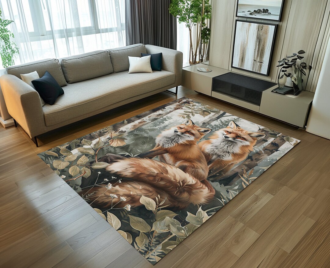 Animal Printed Rug, Vibrant Rug, Fox Patterned Rug, Nature Inspired Rug ...