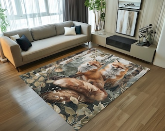 Animal printed rug, Vibrant rug, Fox patterned rug, Nature inspired rug, Outdoor rug, Home decor rug, Decorative fox rug, Washable area rug