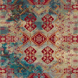 May include: A vintage-style rug with a geometric pattern in shades of red, blue, yellow, and white. The rug has a distressed look, with faded colors and a worn texture.