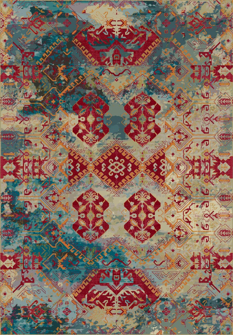 May include: A vintage-style rug with a geometric pattern in shades of red, blue, yellow, and white. The rug has a distressed look, with faded colors and a worn texture.