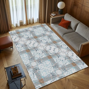 Oushak area rug, Coastal pattern rug, Anatolian rug, Bohemian rug, Turkish rug, Living room rug, Bedroom rug, Cotton rug, Washable rug