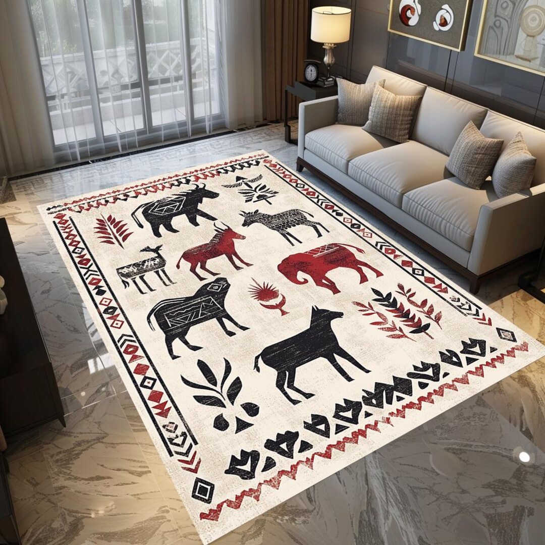 Wool Abstract Animal Pattern Rug Ethnic Design Rug, Animal Pattern Rug, Printed Area Rug, Boho Chic Rug ...
